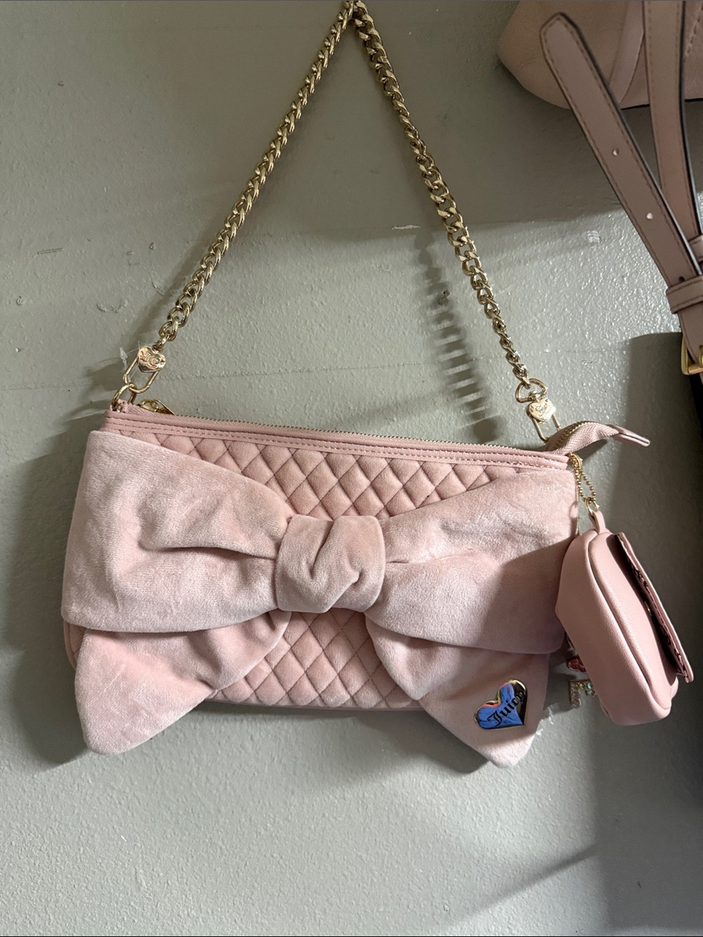 Juicy Couture Quilted Light Pink Bow Shoulder Bag with Gold Chain